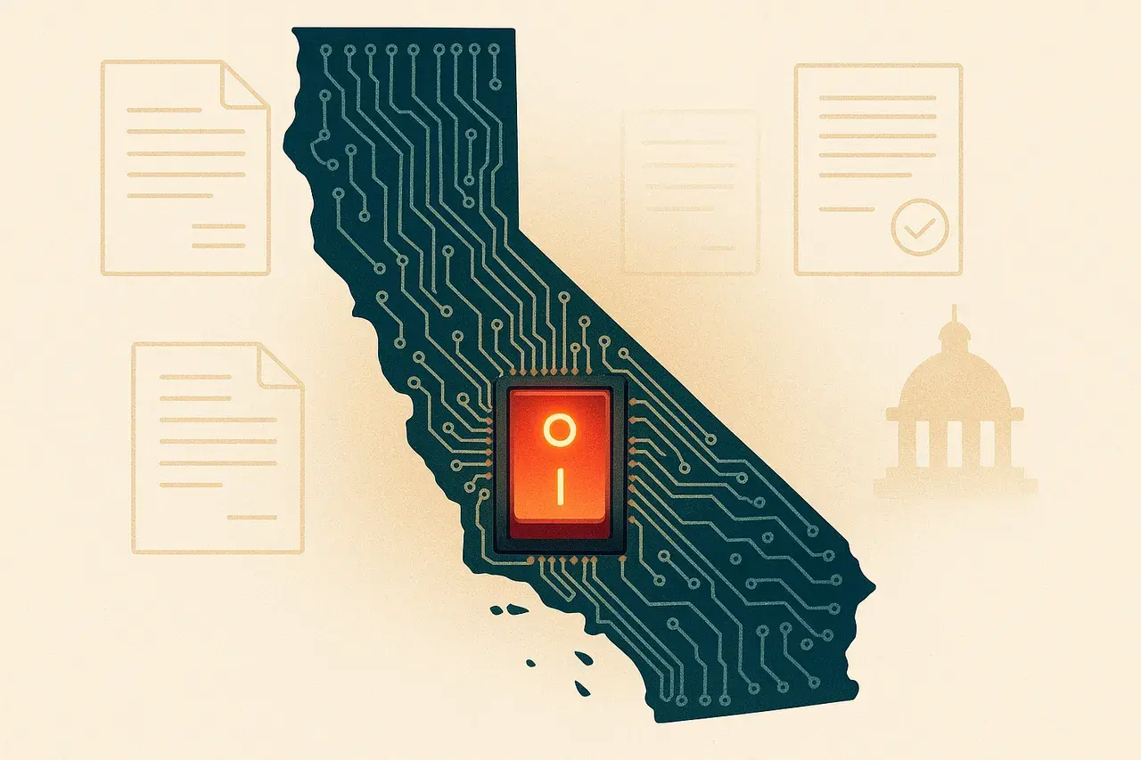 Editorial illustration for California's AI Kill Switch Executive Order: What In-House Legal Teams Must Do Now