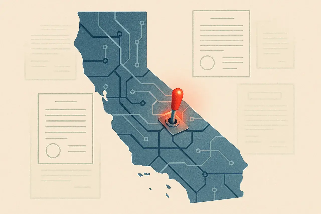 Editorial illustration for California AI Kill Switch: What the Newsom Executive Order Means for Your Contracts